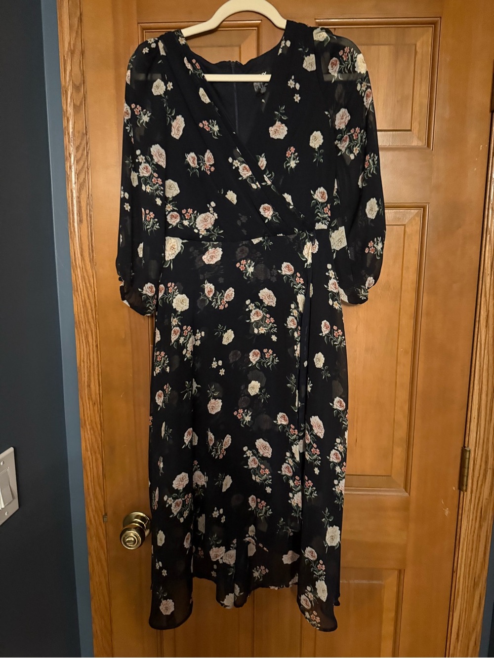 DKNY Black Floral Wrap Midi Dress with Cream & Pink Blooms